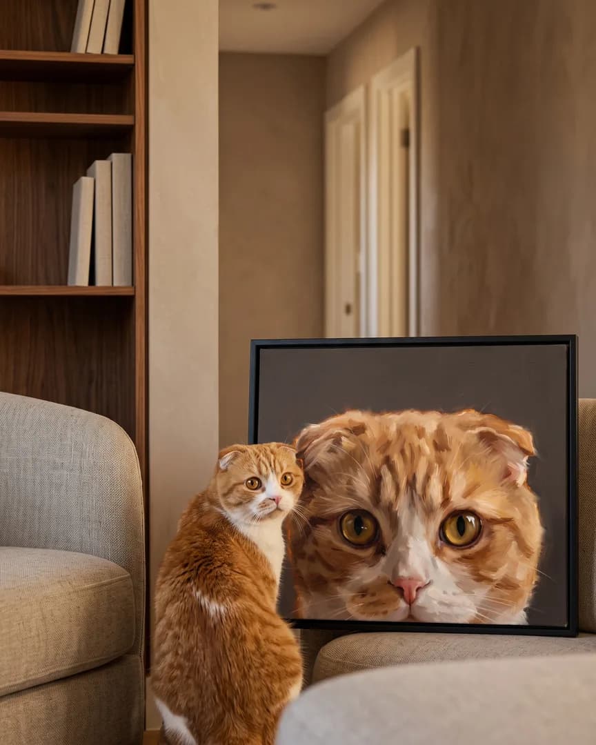 Biscuit, a Scottish fold, beside a black framed canvas of their own Painted Peek portrait.