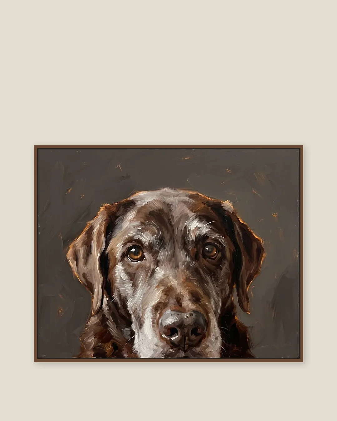 A brown float-framed canvas of Moose, a chocolate labrador retriever, in the Painted Peek style.