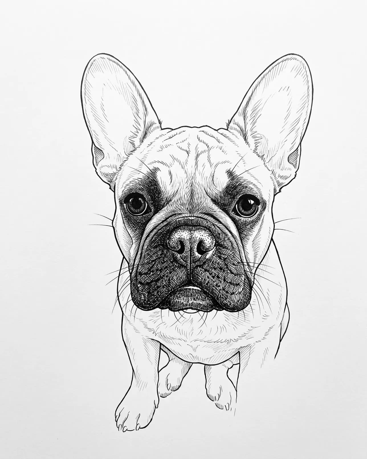 Gus, un bouledogue français, exemple Plume et encre.