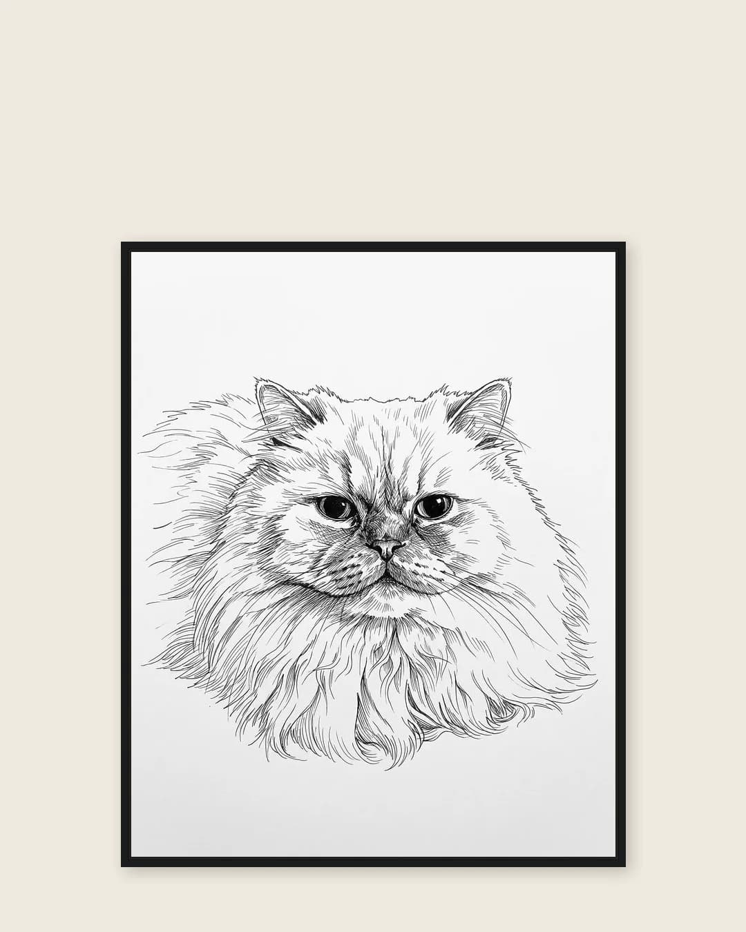 Une toile encadrée noire de Frost, un chat persan, dans le style Plume et encre.