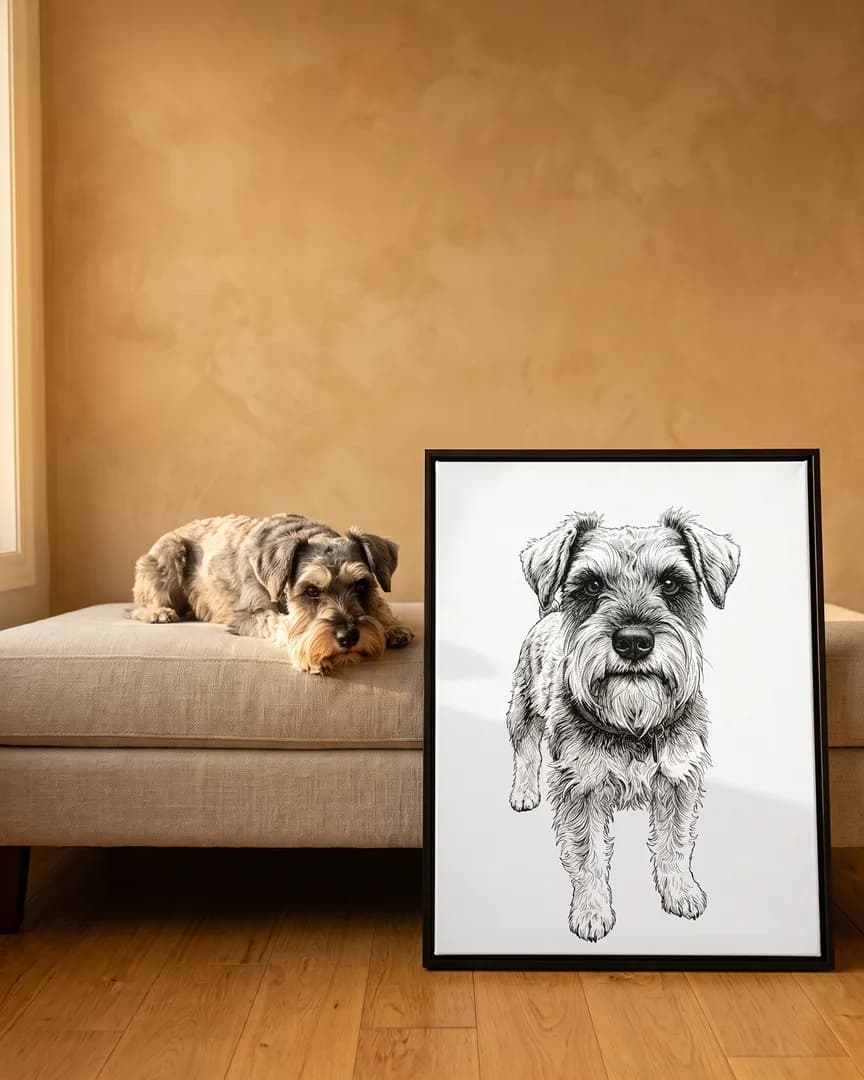 Otis, un schnauzer nain, à côté d'une toile encadrée noire de son portrait Plume et encre.