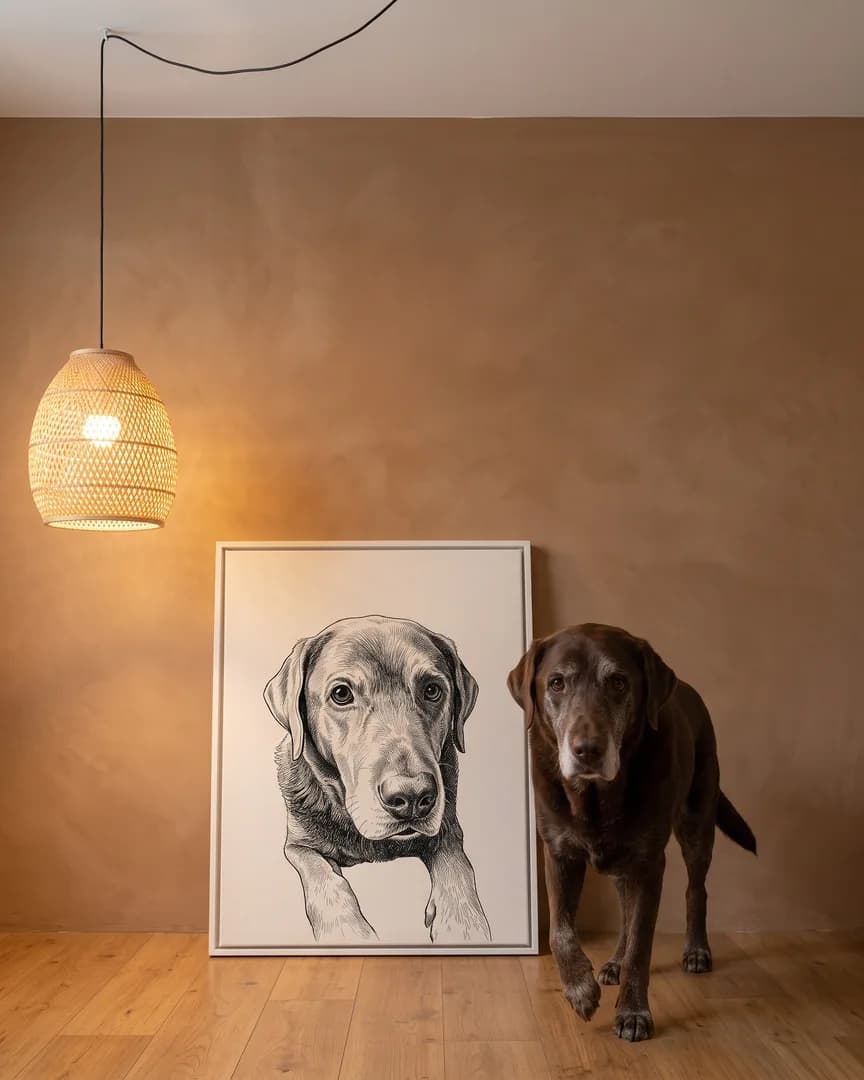 Moose, un labrador chocolat, à côté d'une toile encadrée blanche de son portrait Plume et encre.