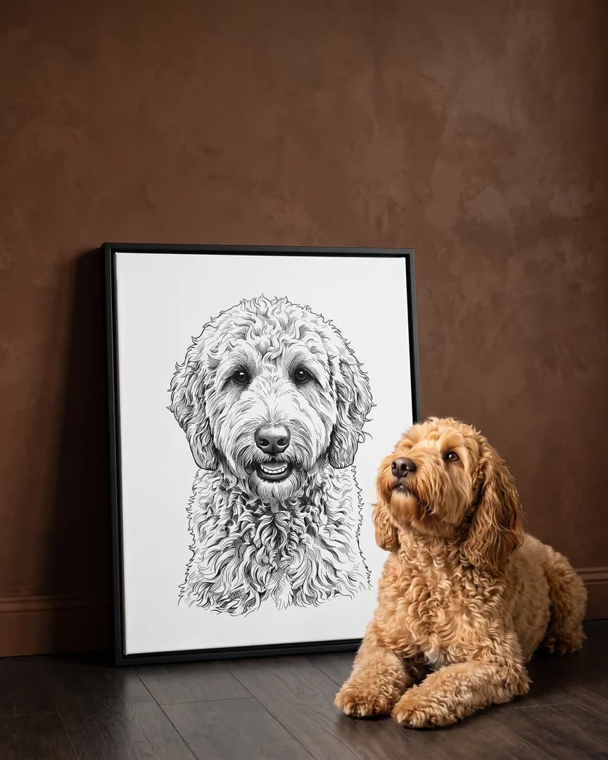 Teddy, un goldendoodle, à côté d'une toile encadrée noire de son portrait Plume et encre.