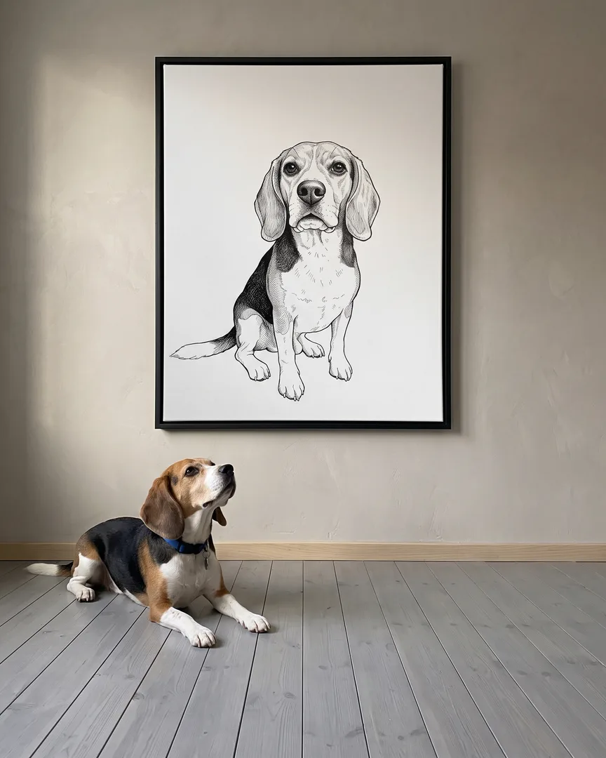 Buddy, un beagle, à côté d'une toile encadrée noire de son portrait Plume et encre.