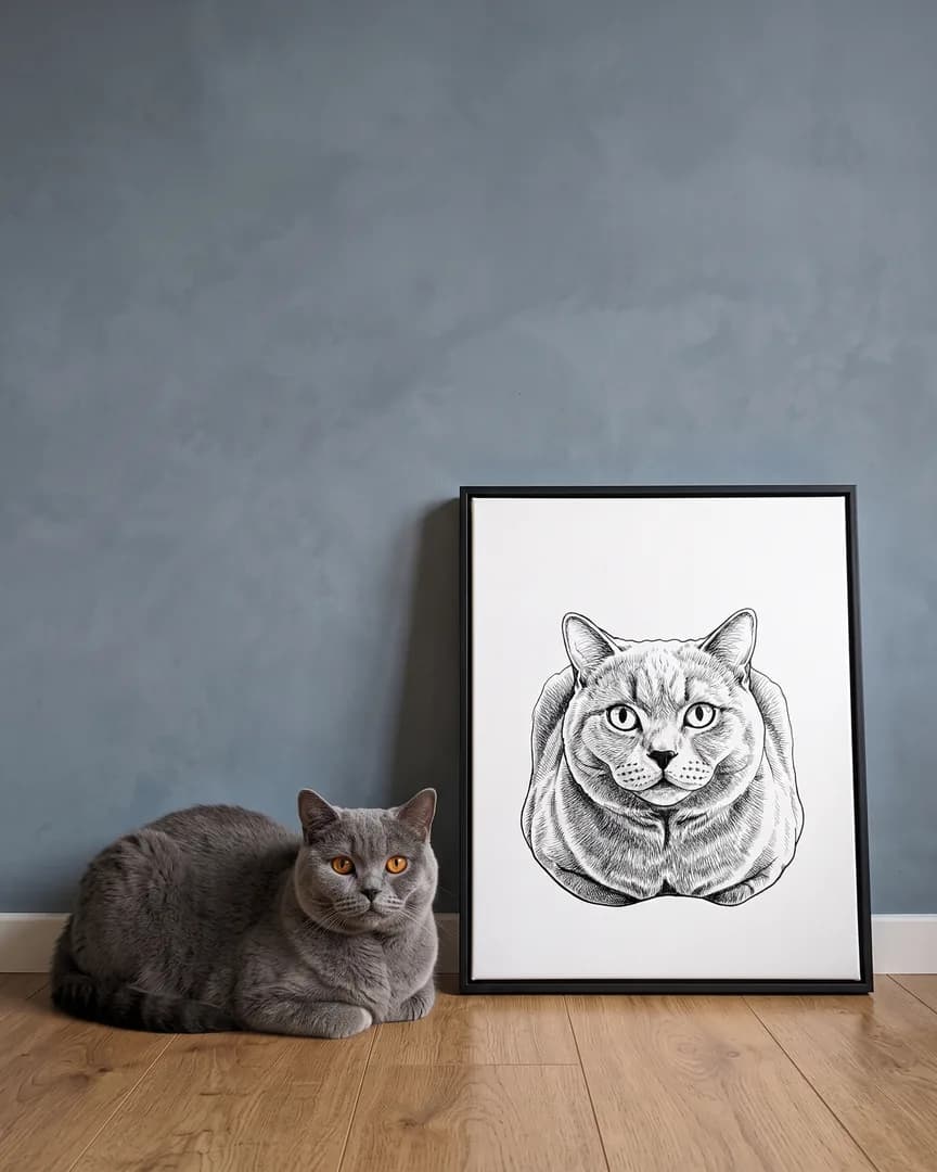Earl, un chat british shorthair, à côté d'une toile encadrée noire de son portrait Plume et encre.