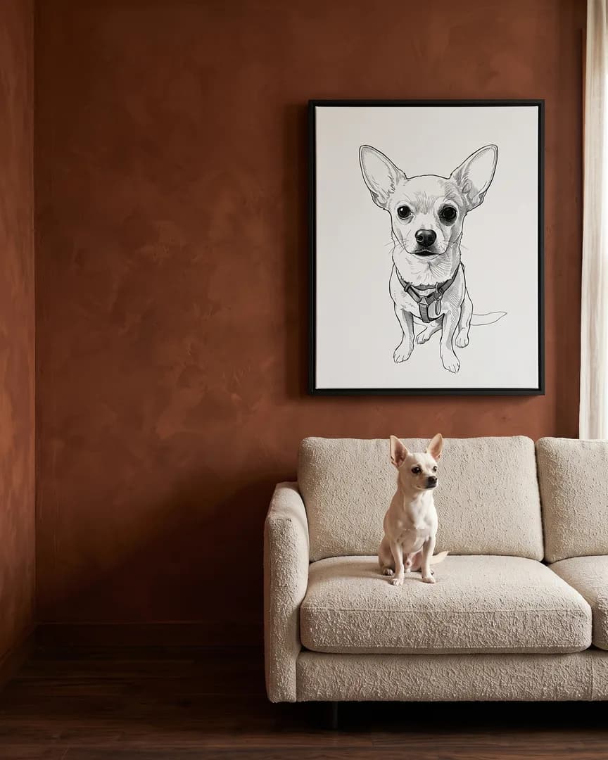 Pip, un chihuahua, à côté d'une toile encadrée noire de son portrait Plume et encre.