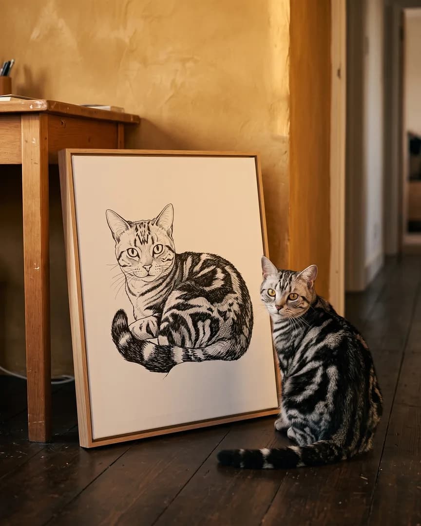 Smokey, un chat tigré argenté, à côté d'une toile encadrée en chêne naturel de son portrait Plume et encre.