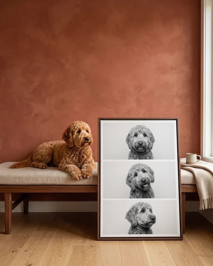 Teddy, a goldendoodle, beside a brown framed canvas of their own Photo Booth portrait.