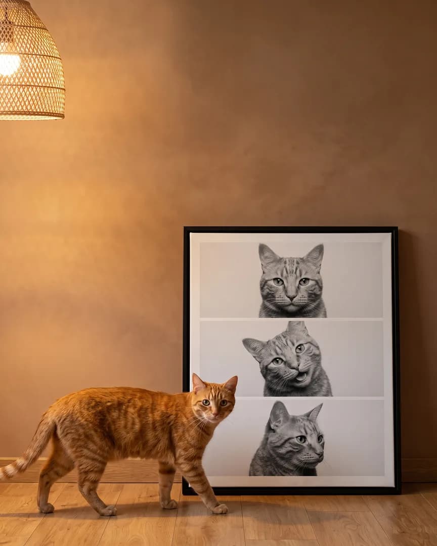 Miel, an orange tabby cat, beside a black framed canvas of their own Photo Booth portrait.