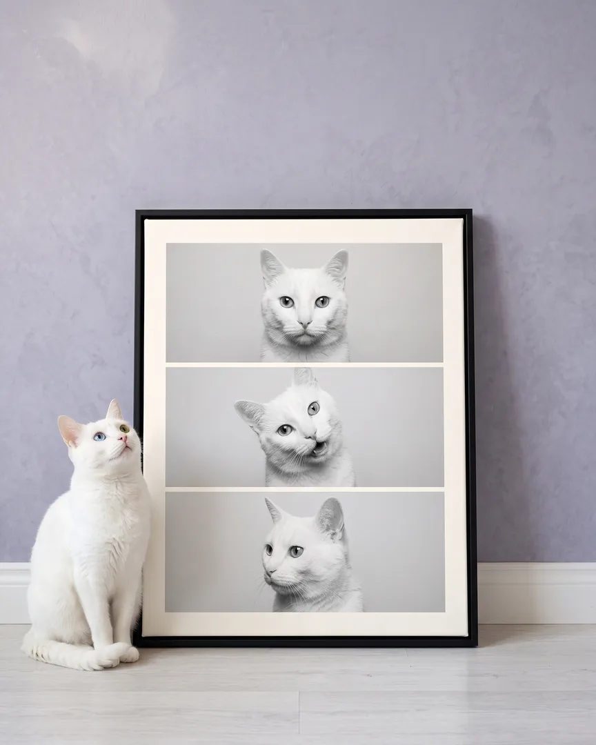 Duo, a white domestic shorthair, beside a black framed canvas of their own Photo Booth portrait.