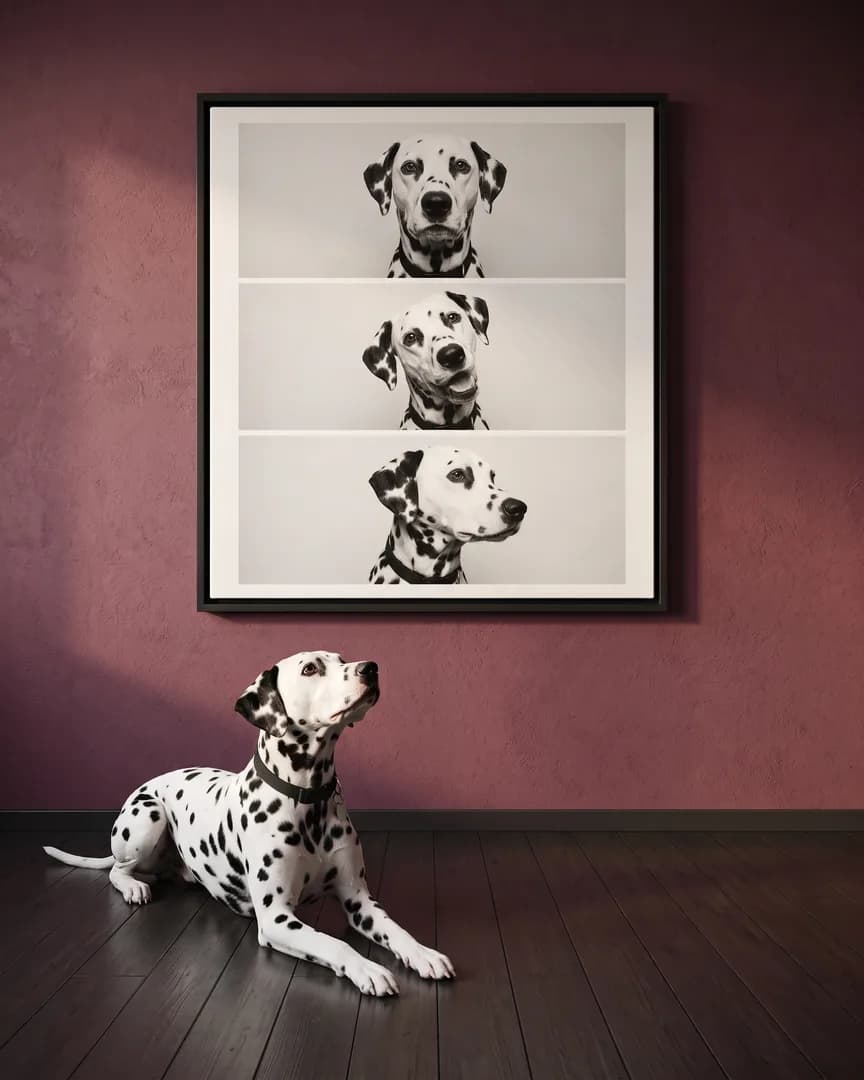 Ace, a Dalmatian, beside a black framed canvas of their own Photo Booth portrait.