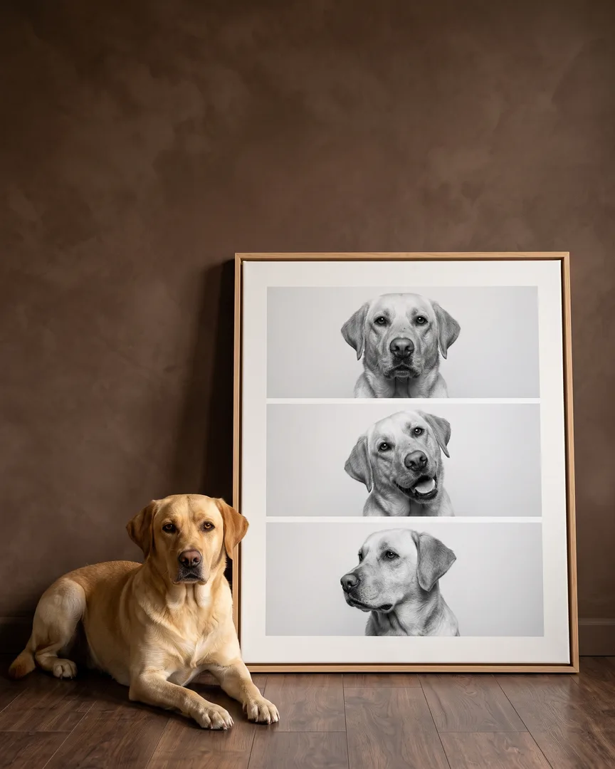 Marley, a yellow labrador retriever, beside a natural-oak framed canvas of their own Photo Booth portrait.