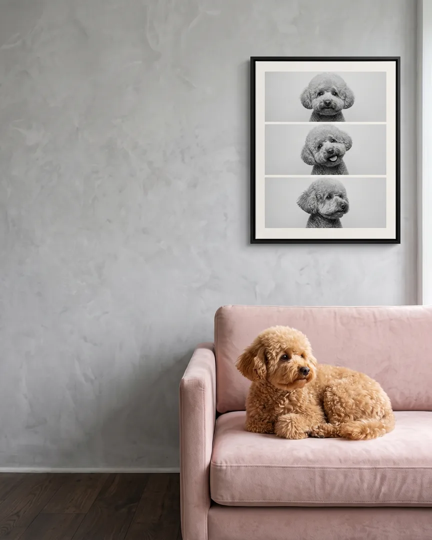 Mimi, a toy poodle, beside a black framed canvas of their own Photo Booth portrait.