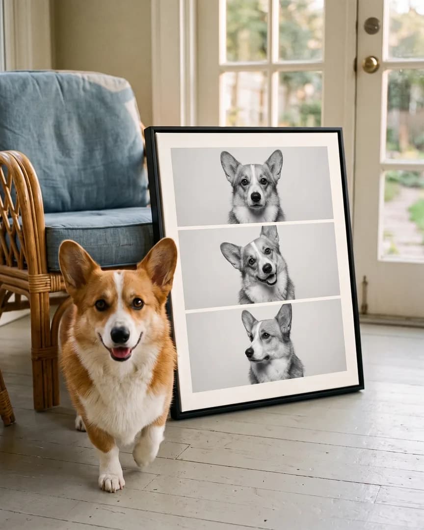 Pixel, a Pembroke Welsh corgi, beside a black framed canvas of their own Photo Booth portrait.