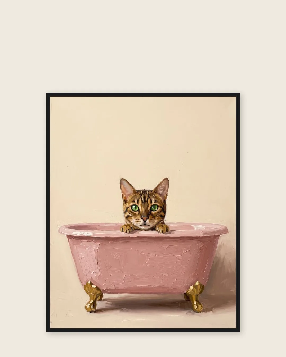 A black float-framed canvas of Jasper, a Bengal, in the Powder Pink Bath style.