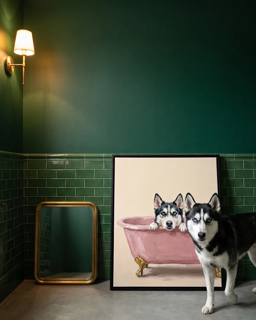 Nova, a Siberian husky, beside a black framed canvas of their own Powder Pink Bath portrait.