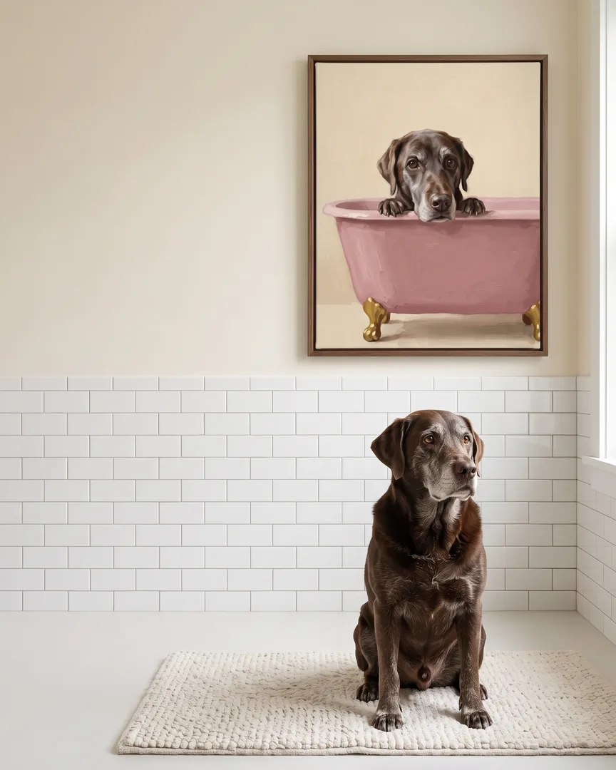 Moose, a chocolate labrador retriever, beside a brown framed canvas of their own Powder Pink Bath portrait.