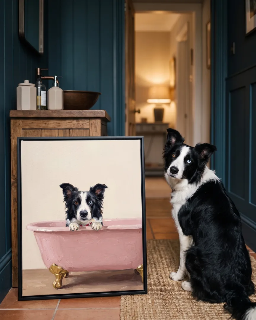 Skye, a border collie, beside a black framed canvas of their own Powder Pink Bath portrait.