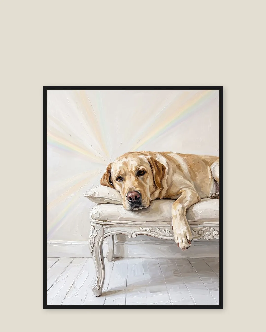 Une toile encadrée noire de Marley, un labrador jaune, un portrait tout en douceur du style Lumière tranquille.