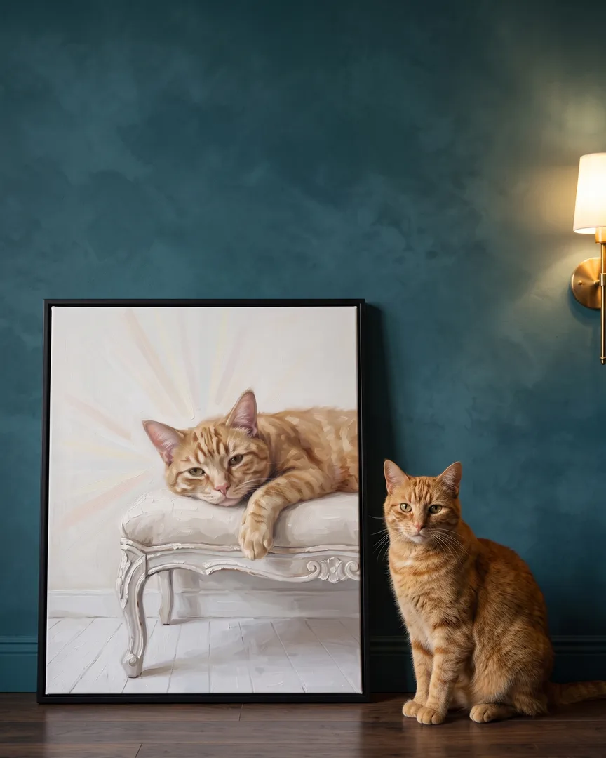 Miel, un chat tigré, à côté d'une toile encadrée noire de son portrait Lumière tranquille.