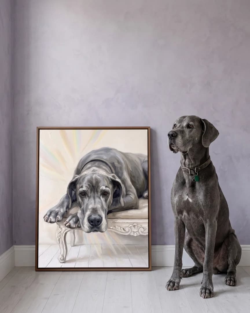 Duke, un danois, à côté d'une toile encadrée brune de son portrait Lumière tranquille.