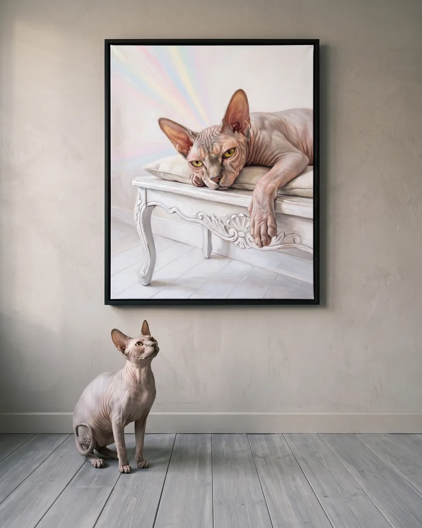 Yoda, un chat sphynx, à côté d'une toile encadrée noire de son portrait Lumière tranquille.