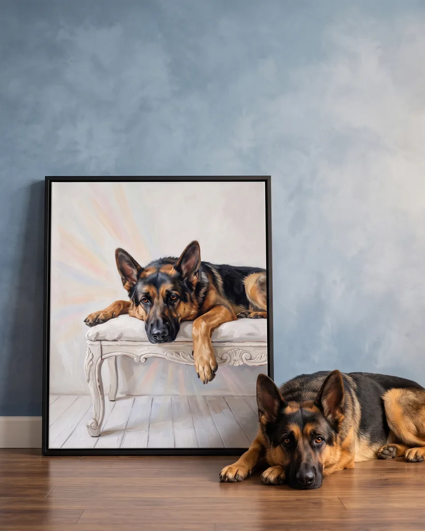 Rex, un berger allemand, à côté d'une toile encadrée noire de son portrait Lumière tranquille.