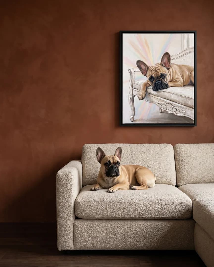 Gus, un bouledogue français, à côté d'une toile encadrée noire de son portrait Lumière tranquille.