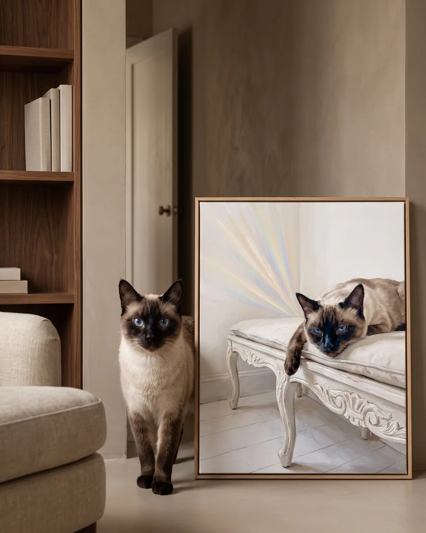 Sable, un chat siamois, à côté d'une toile encadrée en chêne naturel de son portrait Lumière tranquille.