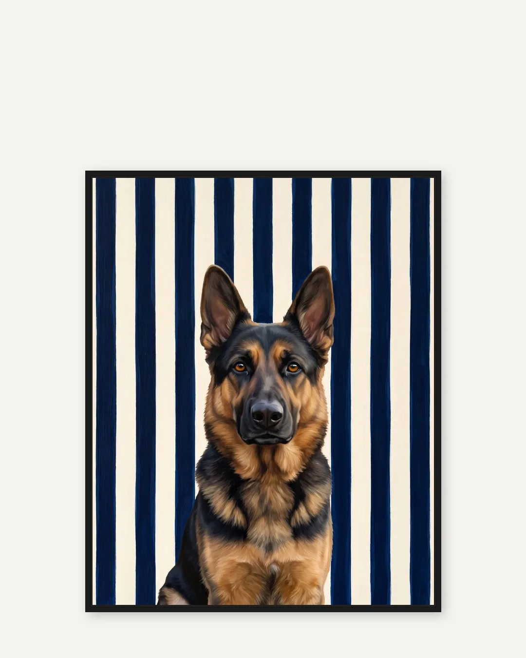 A black float-framed canvas of Rex, a German shepherd, in the Riviera Stripe style.