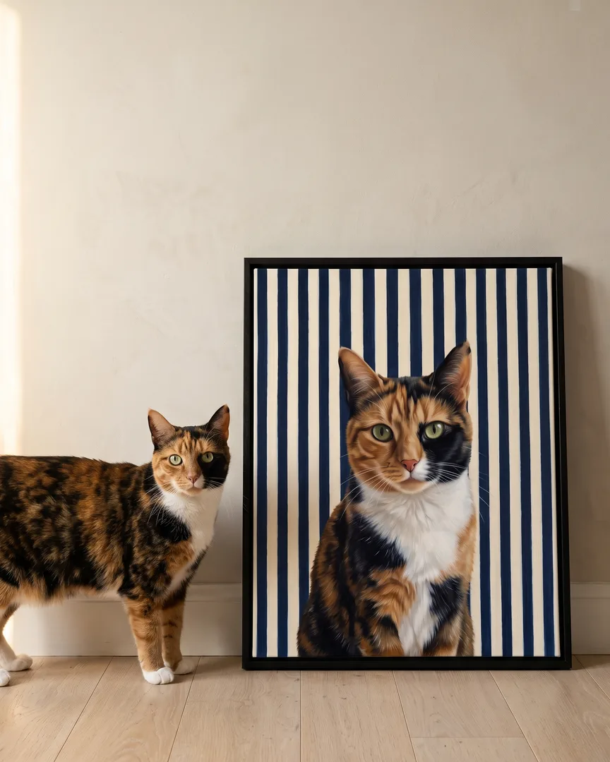 Patch, a calico domestic shorthair, beside a black framed canvas of their own Riviera Stripe portrait.