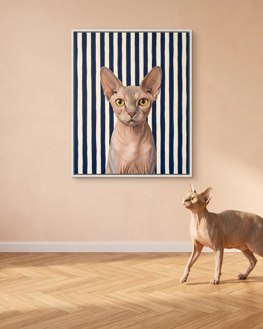 Yoda, a Sphynx, beside a white framed canvas of their own Riviera Stripe portrait.
