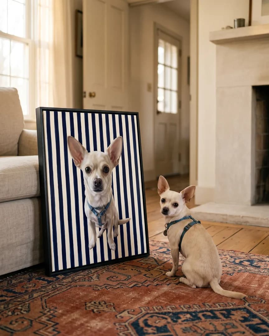Pip, a chihuahua, beside a black framed canvas of their own Riviera Stripe portrait.
