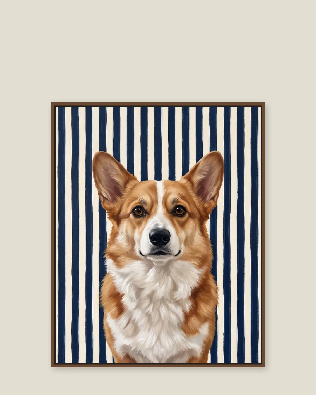A brown float-framed canvas of Pixel, a Pembroke Welsh corgi, in the Riviera Stripe style.