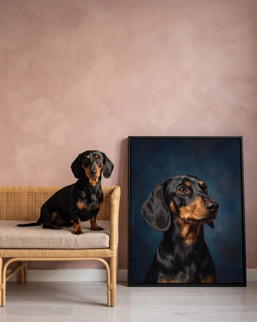 Ziggy, un teckel, à côté d'une toile encadrée noire de son portrait Étude en saphir.