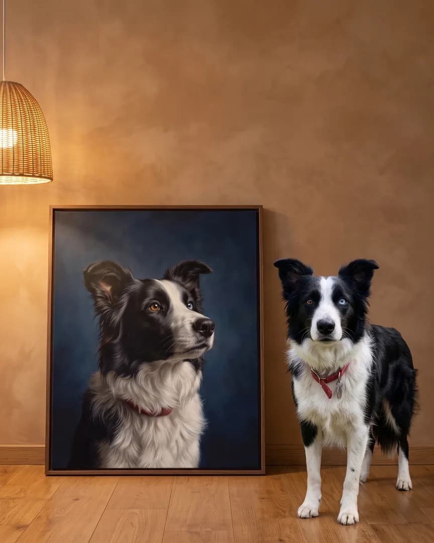 Skye, un border collie, à côté d'une toile encadrée brune de son portrait Étude en saphir.