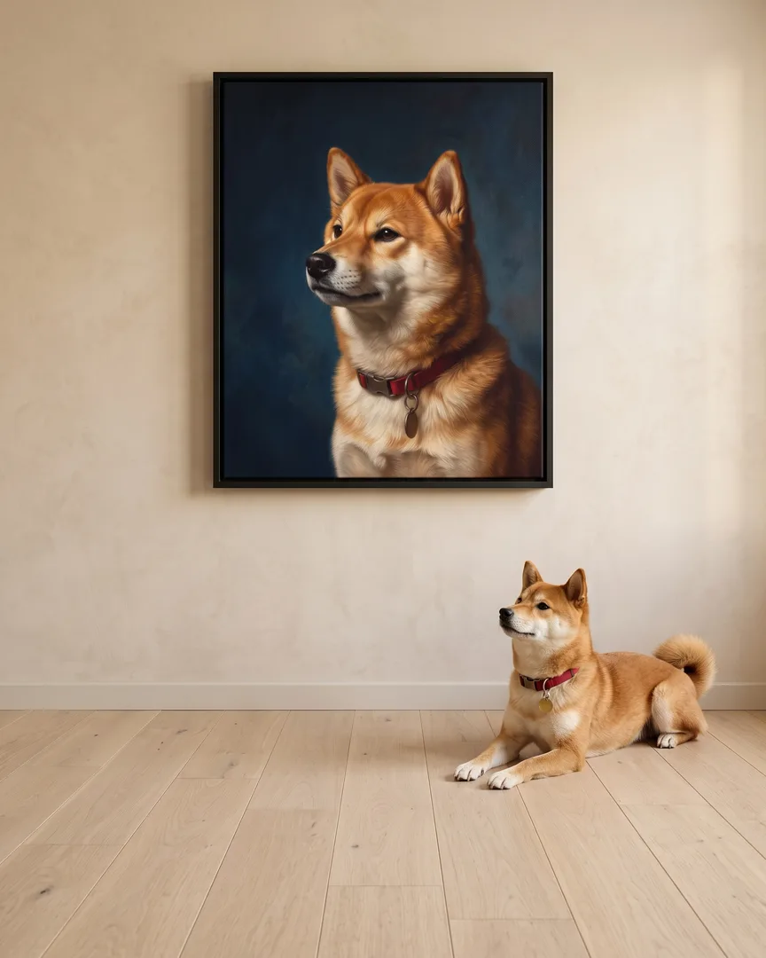 Suki, un shiba inu, à côté d'une toile encadrée noire de son portrait Étude en saphir.