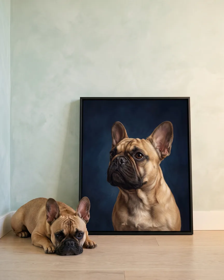 Gus, un bouledogue français, à côté d'une toile encadrée noire de son portrait Étude en saphir.
