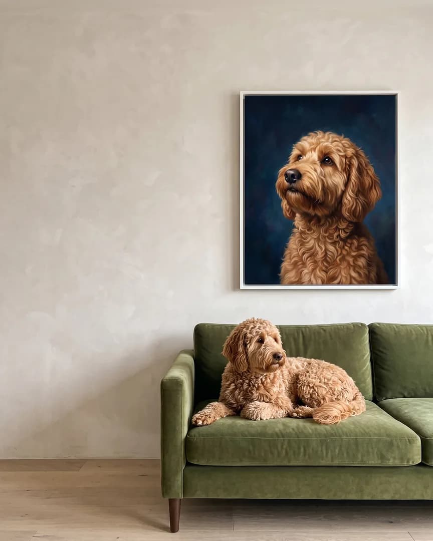 Teddy, un goldendoodle, à côté d'une toile encadrée blanche de son portrait Étude en saphir.