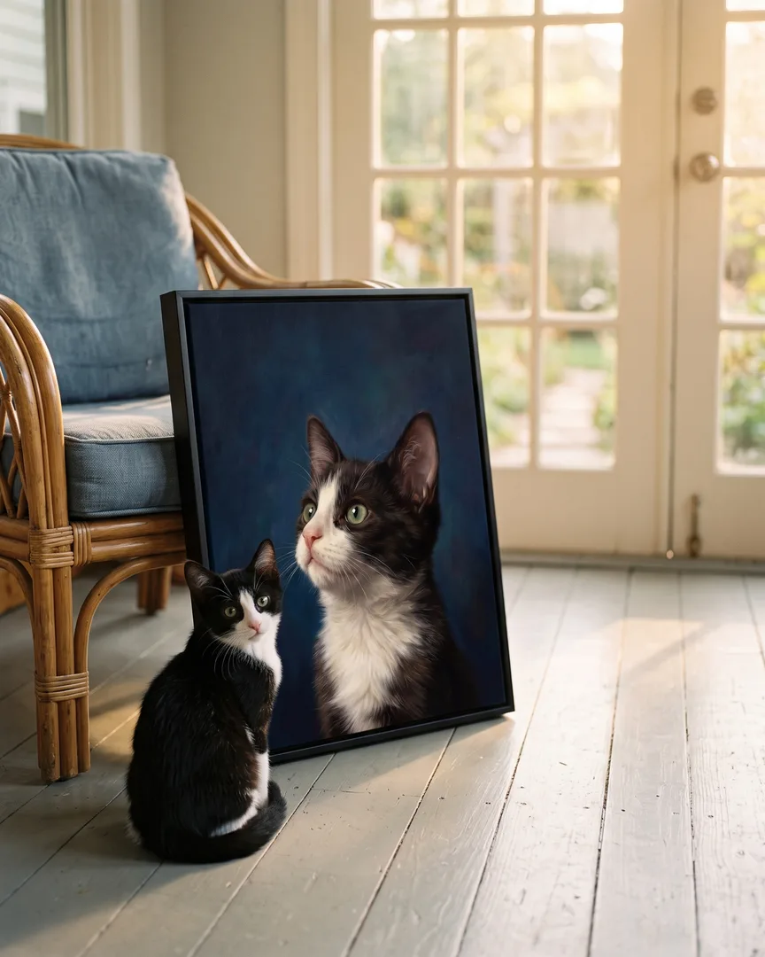 Oreo, un chaton smoking, à côté d'une toile encadrée noire de son portrait Étude en saphir.