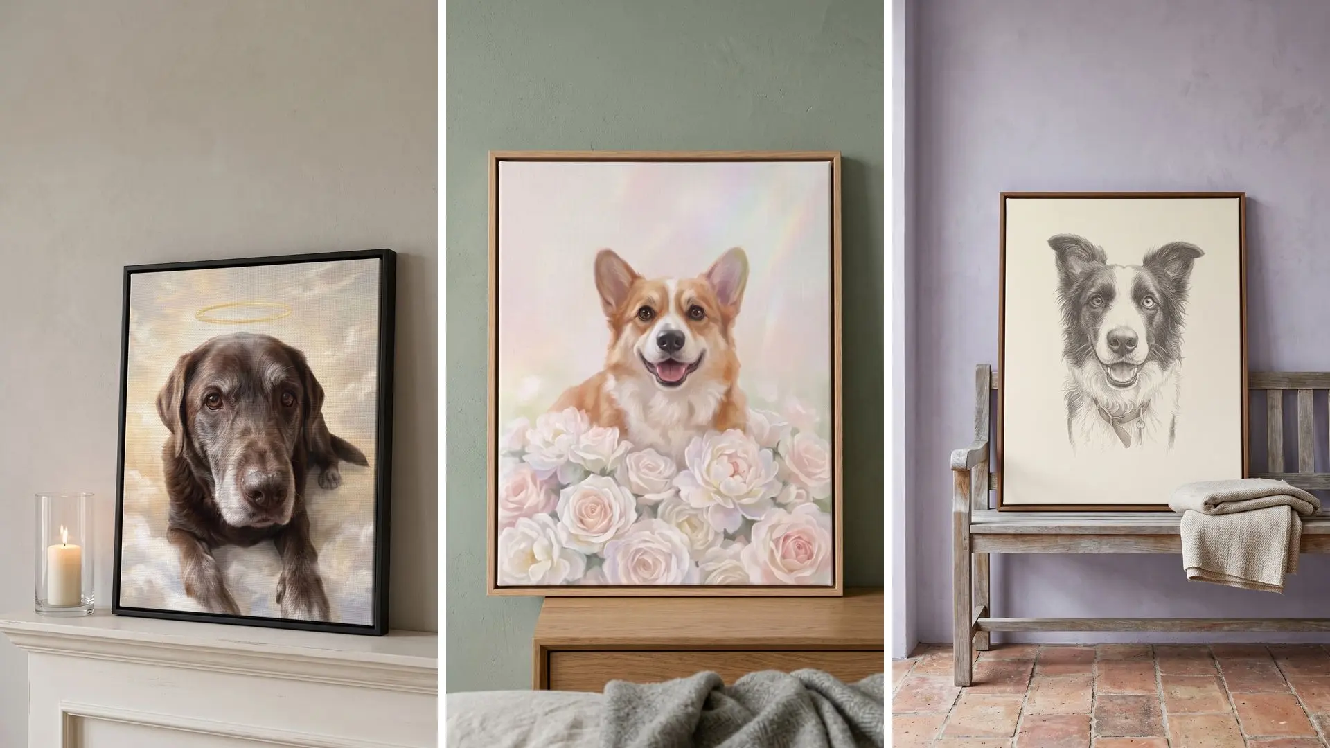 Three memorial portraits, each alone on its own mantel, bedside table or garden bench: Moose, Pixel and Skye, framed and kept close.