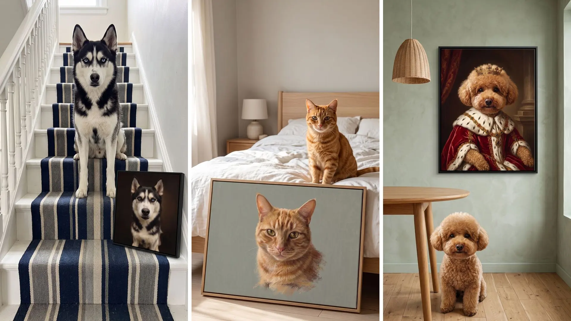 Three pets, three styles: Nova the husky, Miel the tabby cat and Mimi the poodle, each beside their own framed portrait.