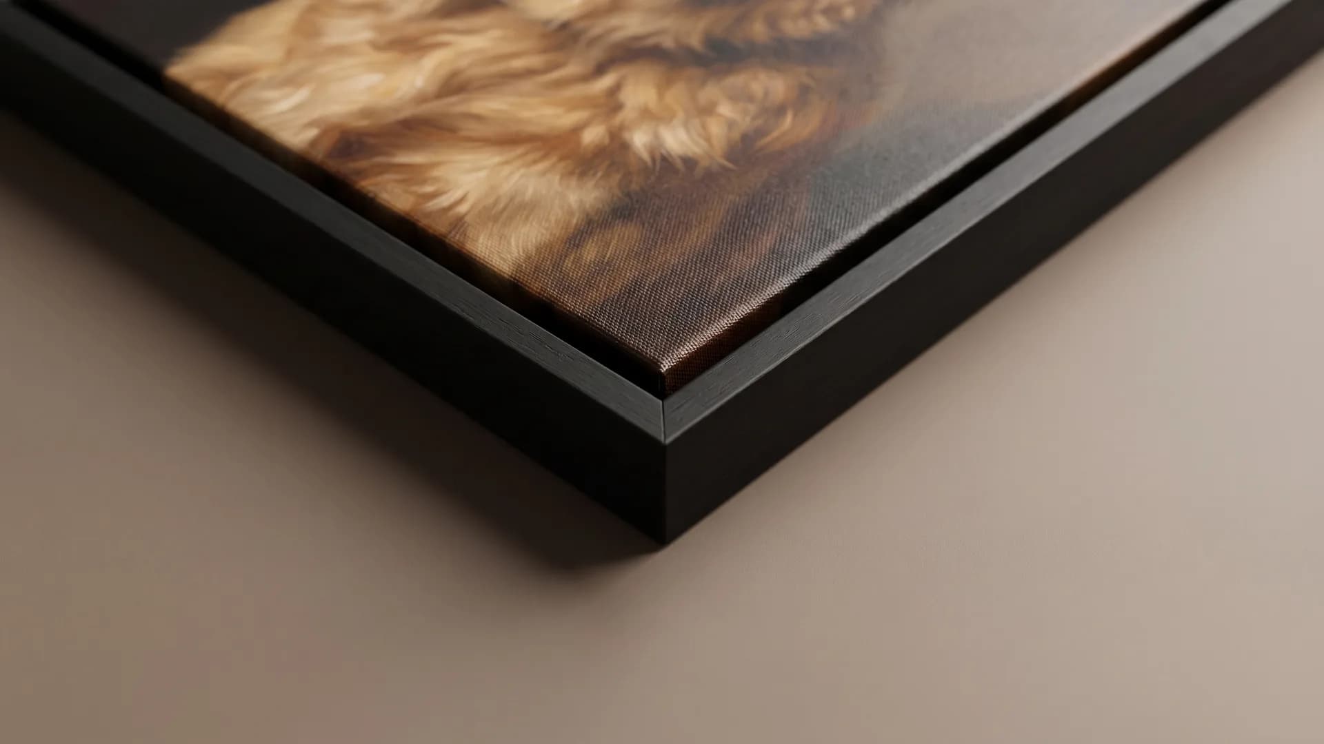 A macro close-up of a black float frame's corner, showing the canvas depth and the shadow gap.
