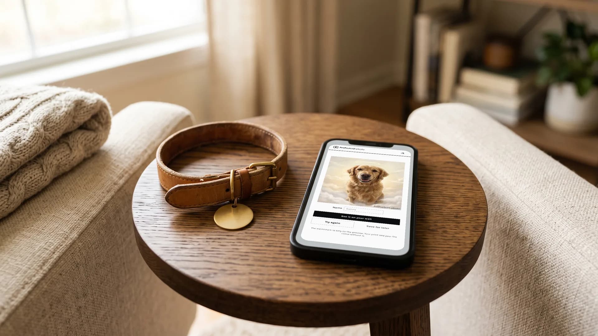 A phone resting on a side table beside a dog's collar, its screen showing a memorial portrait preview.