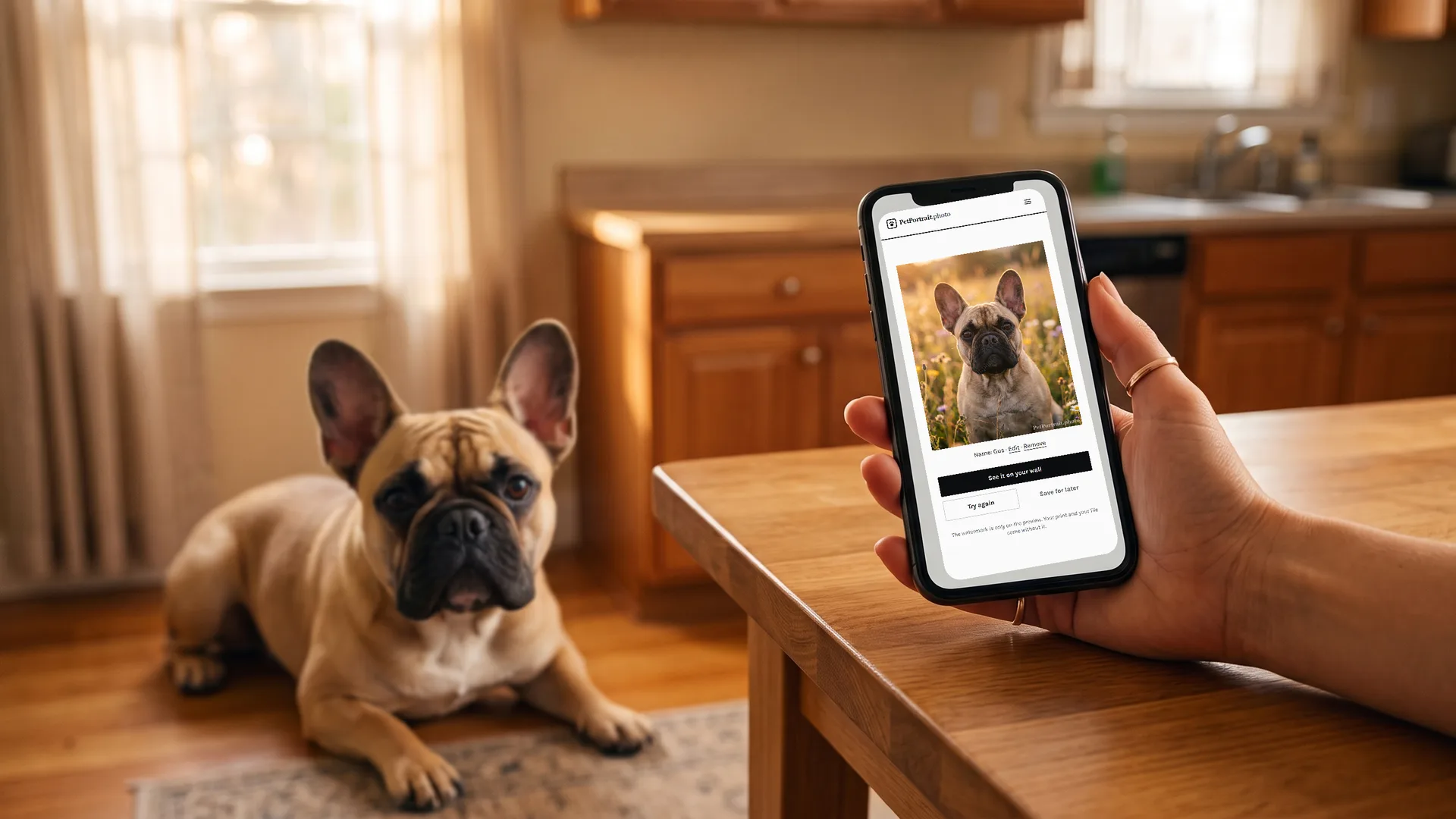 A hand holding a phone showing Gus's own portrait preview, with Gus the French bulldog resting on the floor behind.
