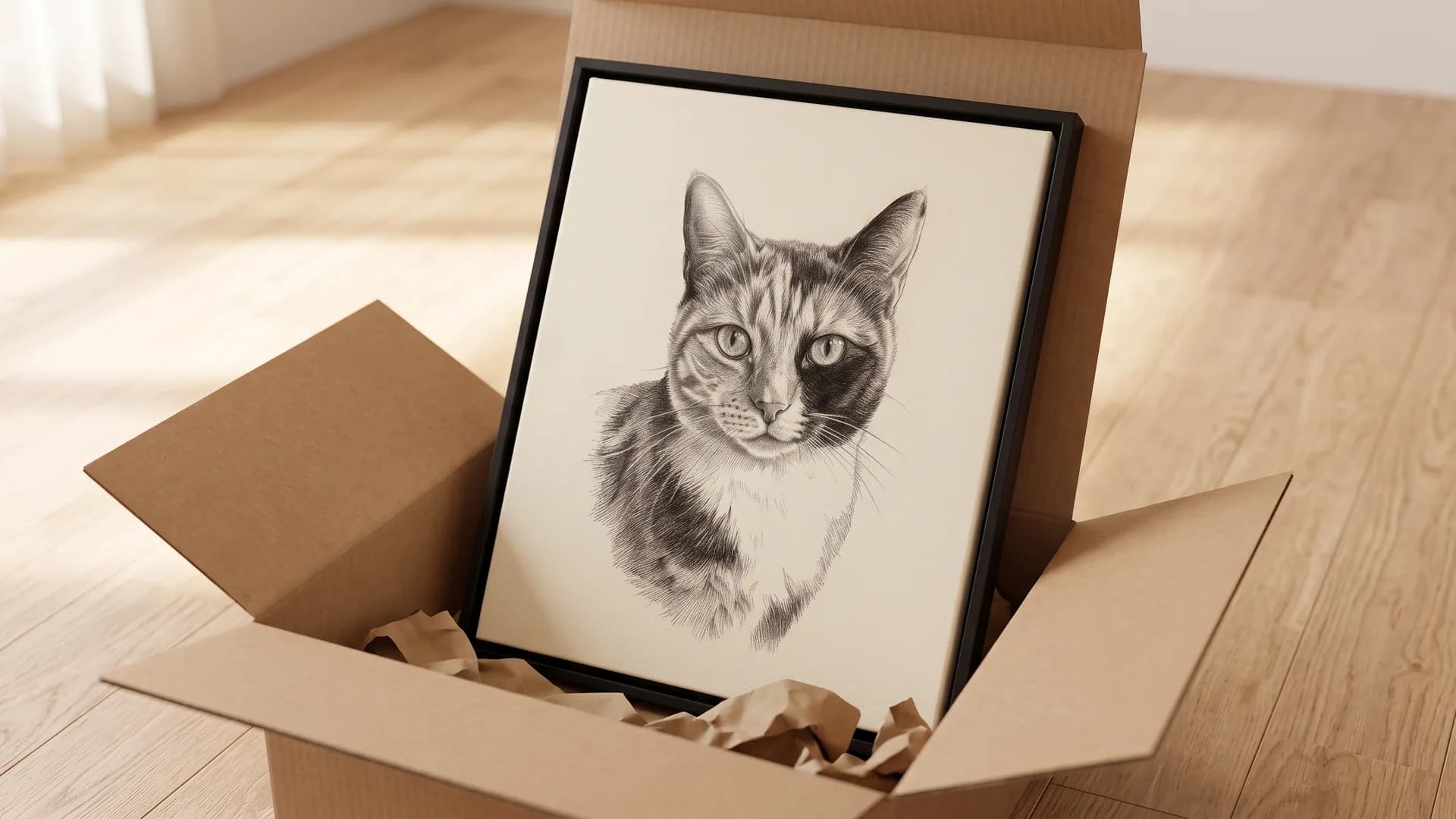 An opened plain box on a sunlit floor, a black framed canvas of Patch's memorial portrait standing inside.