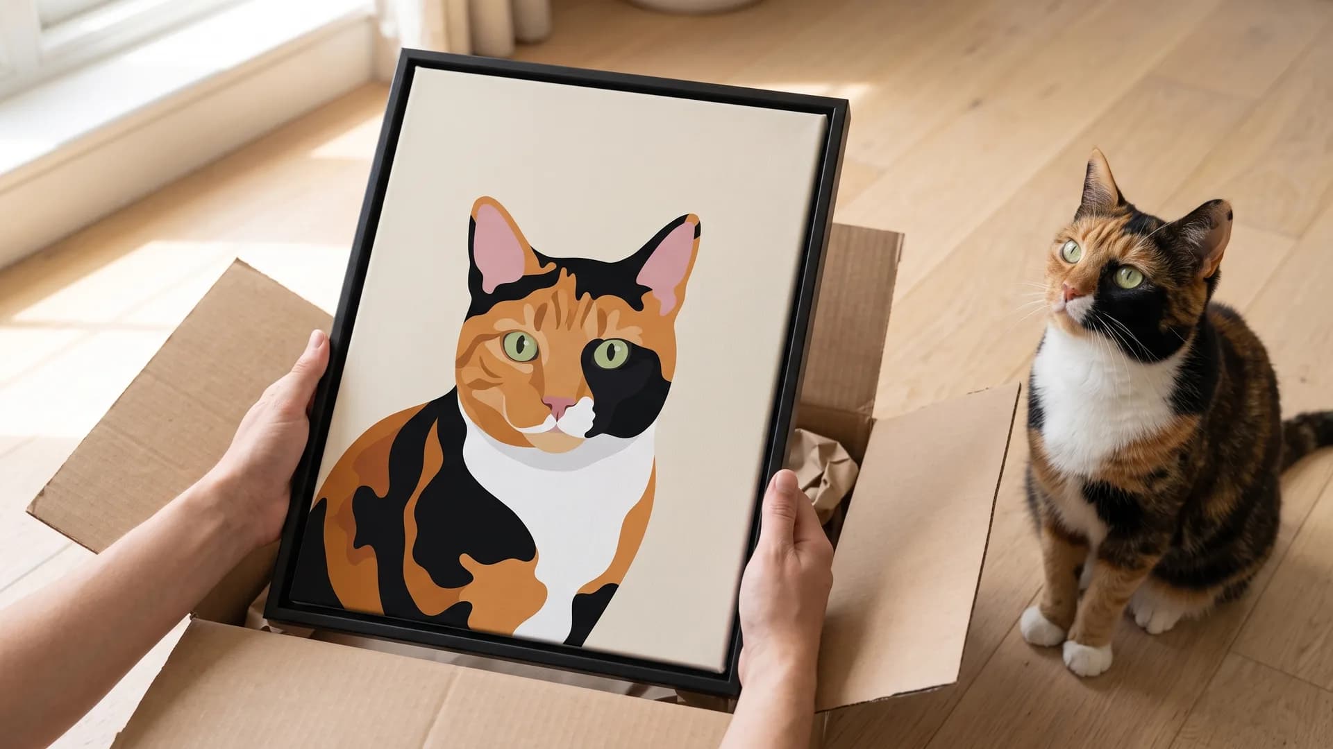 Two hands lifting a black framed canvas of Patch, a calico cat, out of a plain unbranded box.