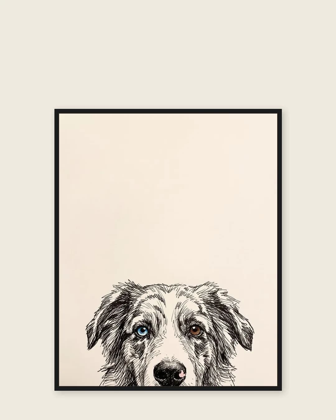 Une toile encadrée noire de Koda, un berger australien, dans le style Coup d'Œil au Carnet.