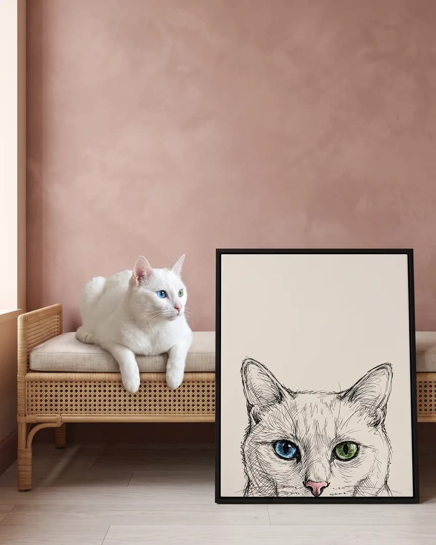 Duo, un chat blanc, à côté d'une toile encadrée noire de son portrait Coup d'Œil au Carnet.