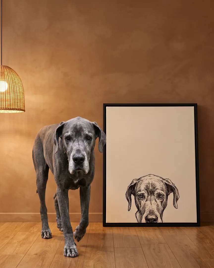 Duke, un danois, à côté d'une toile encadrée noire de son portrait Coup d'Œil au Carnet.